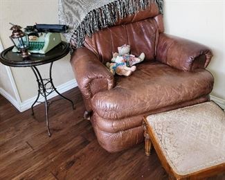 Leather recliner, children's antique side table
