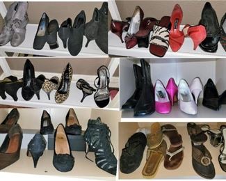 Woman's shoes, many very gently worn or new. Sandals, formal, sneakers, booties, full boots. Quality name brands and designers. Size 8 to 9