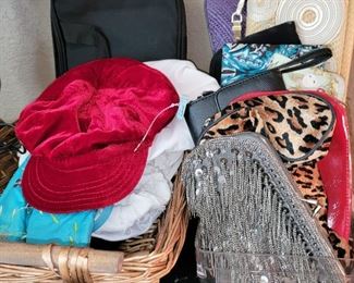 Woman's hats, make up bags, wristlets, clutch style purses and hats