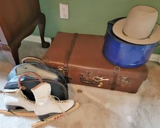 retro skates with bag. Antique luggage, 10 gallon Beaver Hat