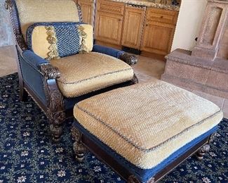 Lovely pair of Navy and Gold Italian Custom chairs with ottomans and gold tasseled pillows - made from the highest quality silk and wool. Pair $1500
