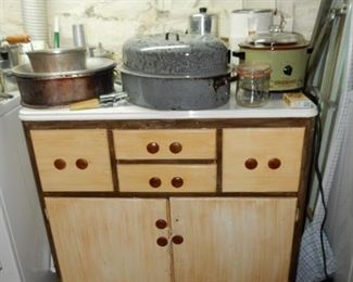 Vintage enamel top cabinet, graniteware, etc.