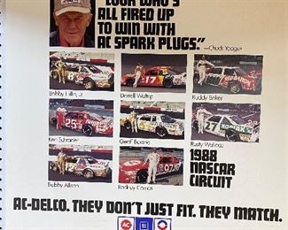 1988 Nascar Circuit AC Delco, Bobby Hillin Jr., Ken Shrader, Bobby Allison, Rodney Combs, Geoff Bodine, Darrell Waltrip, Buddy Baker, Rusty Wallace “Look Who’s All Fired Up To Win With AC Spark Plugs”. Poster board