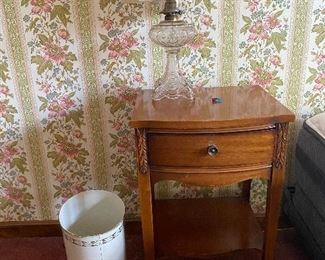 End table, vintage metal trash can, glass table lamp