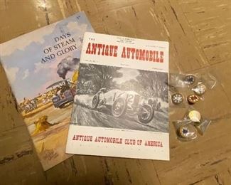 Antique Automobile magazines, misc pins