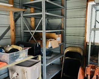Several Shelving Units, Folding chairs, Painting Supplies, lumber