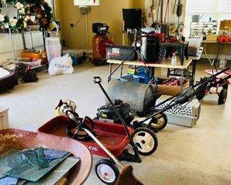 wagon, lawnmower, stained glass 