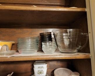 Pyrex mixing bowl with handle, small pyrex dishes, glass strainer