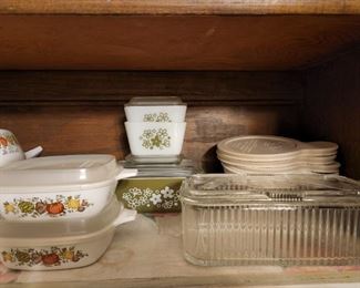 Corning ware, more pyrex, vintage refrigerator dish and lids/handled corning ware in back