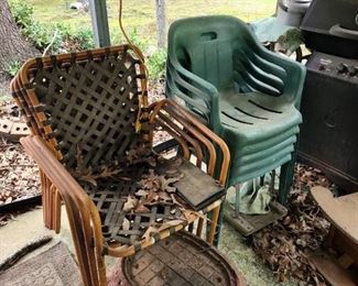 Plastic set of outdoor chairs in green; bamboo chair