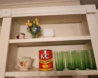 Glasses, KC baking powder tin, decor