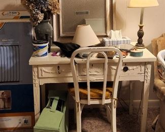 Desk, chair, mirror and decor