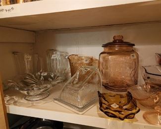 Pink Planters jar, miscellaneous glassware