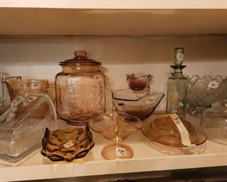 Pink Planters jar, MCM chip/dip bowl, pink & amber glassware