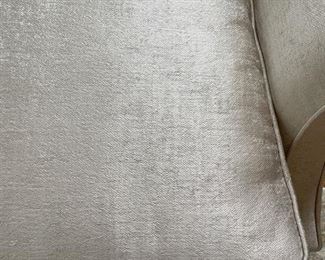 Antique camelback sofa upholstered in neutral silver chenille fabric. Measures 78" W x 32" D. Photo 2 of 3. 