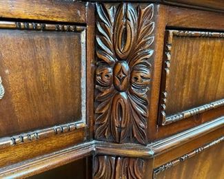 Vintage hand-carved flame mahogany desk. Measures 75" W x 41" D. Photo 4 of 6. 