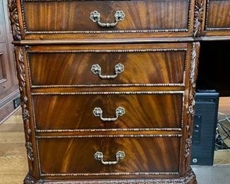 Vintage hand-carved flame mahogany desk. Measures 75" W x 41" D. Photo 3 of 6. 