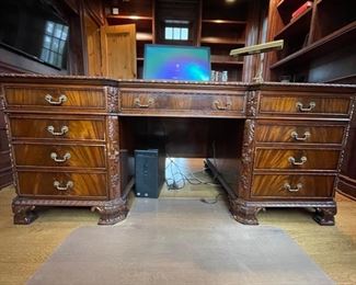 Vintage hand-carved flame mahogany desk. Measures 75" W x 41" D. Photo 1 of 6. 