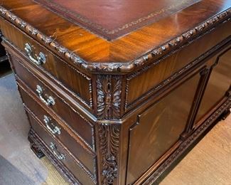 Vintage hand-carved flame mahogany desk. Measures 75" W x 41" D. Photo 2 of 6. 