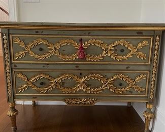Neiman Marcus Olive Branch commode with hand-carved gold leaves on front and sides and a distressed sage finish. Measures 38" W x 20" D x 32"H. Photo 1 of 6. 