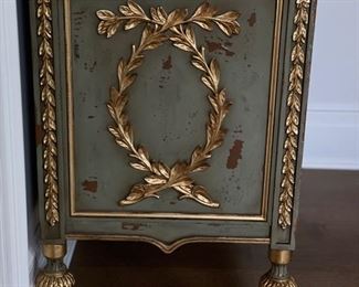 Neiman Marcus Olive Branch commode with hand-carved gold leaves on front and sides and a distressed sage finish. Measures 38" W x 20" D x 32"H. Photo 3 of 6. 