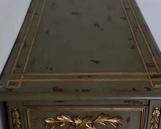 Neiman Marcus Olive Branch commode with hand-carved gold leaves on front and sides and a distressed sage finish. Measures 38" W x 20" D x 32"H. Photo 4 of 6. 