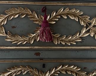 Neiman Marcus Olive Branch commode with hand-carved gold leaves on front and sides and a distressed sage finish. Measures 38" W x 20" D x 32"H. Photo 2 of 6. 