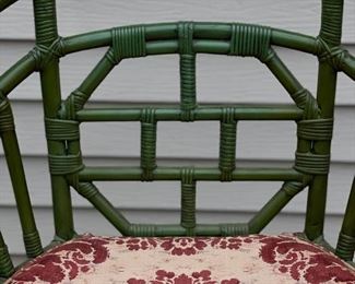 Set of 4 Chinese chippendale-style green rattan and bamboo chairs with cane seats. Each measures 24" W with 17" seat height. Photo 3 of 4. 