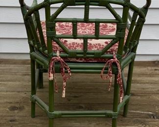 Set of 4 Chinese chippendale-style green rattan and bamboo chairs with cane seats. Each measures 24" W with 17" seat height. Photo 2 of 4. 