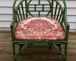 Set of 4 Chinese chippendale-style green rattan and bamboo chairs with cane seats. Each measures 24" W with 17" seat height. Photo 1 of 4. 