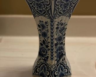 Vintage De Porceleyne Fles Delft Blue & White Vase with Concave Sides. Measures 10" x 8".  Photo 1 of 2. 