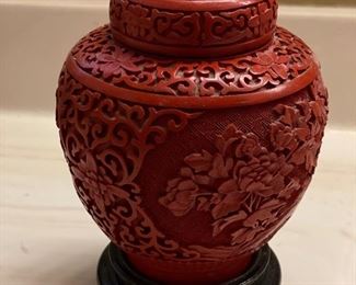 Post Qing cinnabar lidded jar with rosewood base. Measures 8" W x 4.5" W. Photo 1 of 4. 