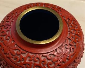 Post Qing cinnabar lidded jar with rosewood base. Measures 8" W x 4.5" W. Photo 3 of 4. 