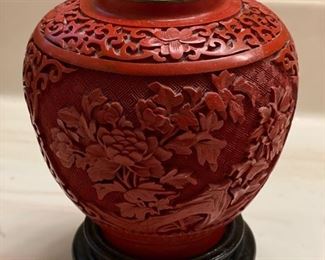 Post Qing cinnabar lidded jar with rosewood base. Measures 8" W x 4.5" W. Photo 2 of 4. 
