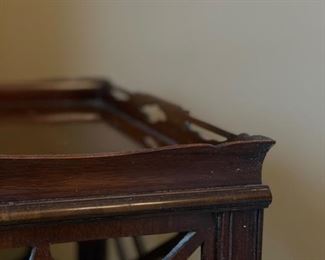 Set of 2 side tables with fretwork sides, back & gallery. Each measures 19" W  x 28" D x 30" H. Great as is but paint for a modern look & feel.  Photo 3 of 4. 