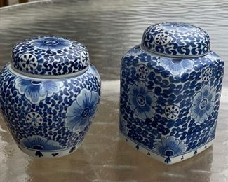 Blue & White Chinoiserie Lidded Jars. Each Measures approximately 6" H x 4" W.  