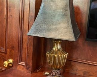 Gilt wood table lamp with faux alligator skin lamp shade. 