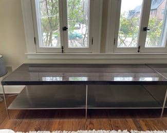 Vintage Minotti cocktail table / low console with resin-coated exotic wood top and brushed metal shelf - 2 available. Each measures 71" W x 24"D x 20" H. Photo 1 of 4. 