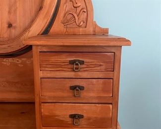 Antique Victorian-style hand-carved pine chest of drawers with two brass swing arm candle holders. Measures 37" W x 21" D x 73" H. Photo 2 of 4. 