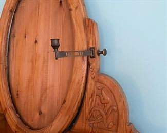 Antique Victorian-style hand-carved pine chest of drawers with two brass swing arm candle holders. Measures 37" W x 21" D x 73" H. Photo 3 of 4. 