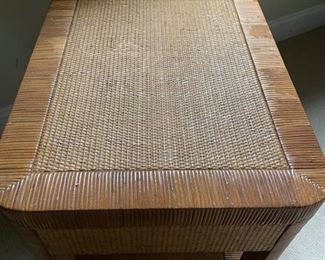 Pair of 1960s island-chic cane and rattan bedside tables with brass pull. Photo 2 of 3.