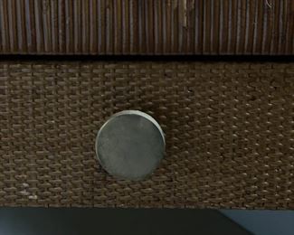 Pair of 1960s island-chic cane and rattan bedside tables with brass pull. Photo 3 of 3. 