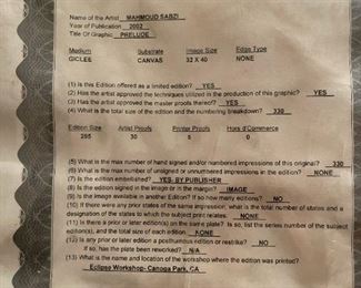 "PRELUDE" Limited Edition Signed Serigraph by MAHMOUD SABZI with COA