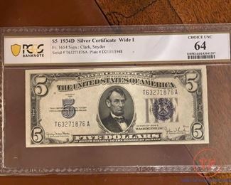 Graded 1934D $5 Silver Certificate