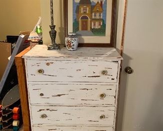 Shabby chic five drawer chest of drawers, lamp, needle point picture
