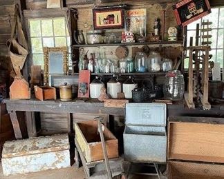 Trunks, stoneware jugs, early wagon, federal mirror, antique canning jars,