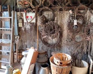 Baskets, wreaths, milk just, huge crocks, 