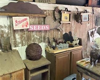 Furniture, bee skeps, signs, 