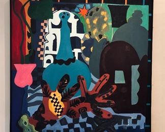 Painting on canvas by Koren G. Christofides, 40” x 40”, signed lower right. Christofides received BFA & MFA from UW where she studied with Jacob Lawrence. She showed at Foster/White Gallery in the 1990s.  