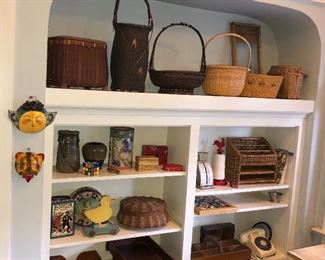 Japanese ikebana & other baskets, Mexican masks, studio pottery, wooden office trays & more